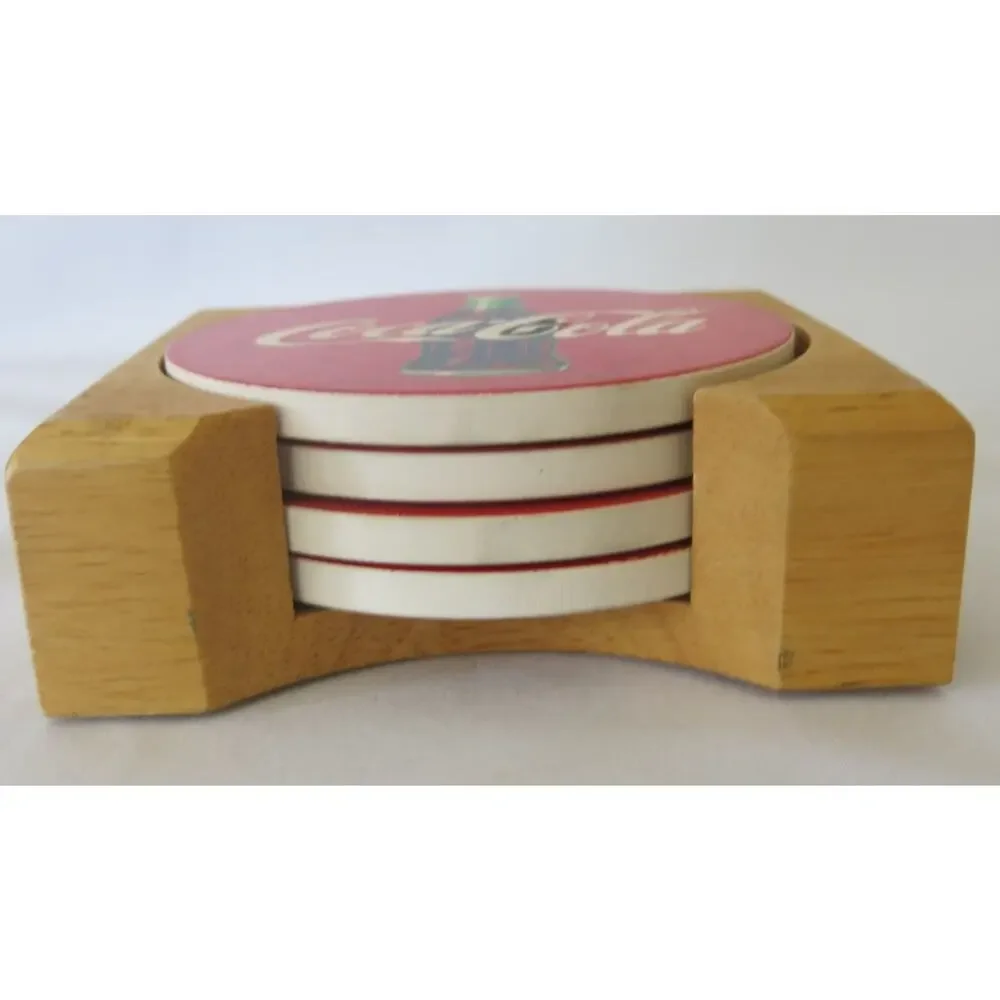 Vintage COCA COLA COKE Coasters in Wood Holder Stone Cork Set of 4 Soda Drinks